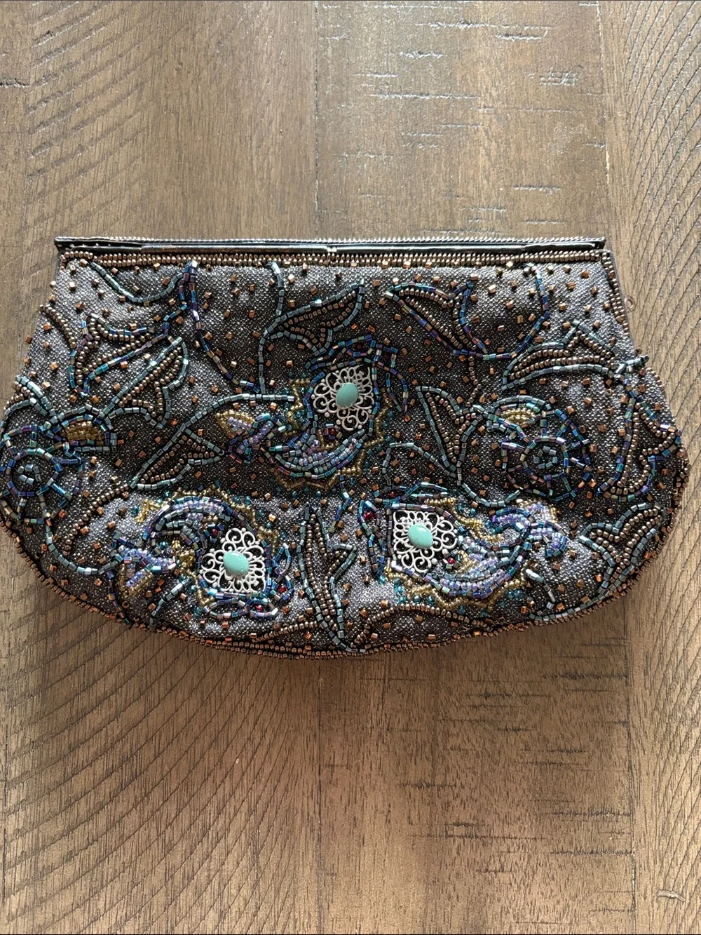 Beaded Evening Clutch Bag in Brown with Iridescent Accents